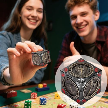 DND Spinner Dice, 7-in-1 Metal Dice Set, 3D Relief Design, DND Polyhedral Rotating Game Dice, D&D Gifts with Dragon Logo Gift Box, RPG, Role Playing Board Game Accessories, Black - color: Gold + Dark Grey