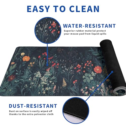 Flower Mouse Pad Abstract Big Mouse Pad 31.5x11.8 Inch Floral Texture Non-Slip Rubber Base Large Weeds Mousepad Stitched Edges Keyboard Mouse Mat Desk Pad for Office and Home - color: Flower 1