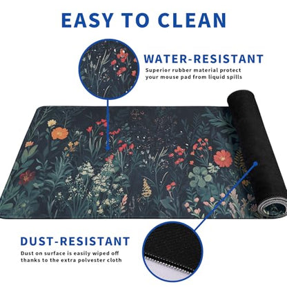 Flower Mouse Pad Abstract Big Mouse Pad 31.5x11.8 Inch Floral Texture Non-Slip Rubber Base Large Weeds Mousepad Stitched Edges Keyboard Mouse Mat Desk Pad for Office and Home - color: Flower 1