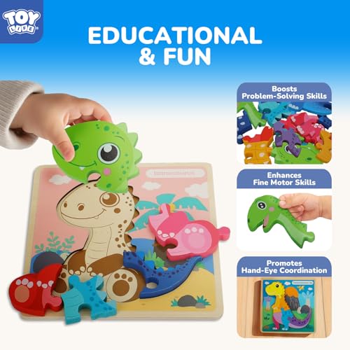 TOY Life 6-Pack Wooden Dinosaur Puzzles for Kids Ages 3-5 | Six colorful designs, easy-grip pieces, fine-motor practice, quiet travel activity, birthday gift - style: 6 Pack