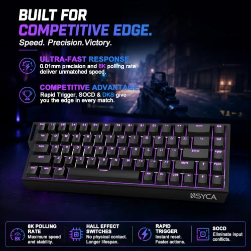 WIN68 HE Hall Effect Keyboard, Rapid Trigger Magnetic Gaming Keyboard, 8000Hz Polling Rate, DKS & SOCD, 0.01mm Adjustable Actuation, RGB PBT Keycaps, 60% Wired Keyboard for FPS Gaming PC & Mac - color: WIN68 Black