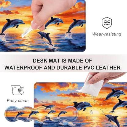 Mouse Pad,Large Desk Mat Set, 4in1 XL Mousepad + Keyboard Wrist Rest+Mouse Wrist Rest+Coaster with Ergonomic Desk Pad for Home Office Table Computer Cover -Dolphin Jumping Ocean Sunset Beach - color: Dolphin Jumping Ocean Sunset Beach
