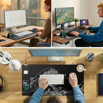 Wireless Charging Mouse Pad with Phone Holder, 31.5"x15.8" in, Black Wave | Large Desk Mat for Laptop/Keyboard, Waterproof Ultra-Smooth Surface, Non-Slip Base - color: Black Wave-Phone Holder-31.5"x15.8"