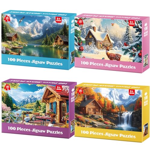 4-Packs 100 Piece Puzzles - Four Seasons Scenery Large Piece Puzzles for Senior Adults Kids Puzzle Ages 5-8 Jigsaw Puzzle for Kids Ages 4-6 6-8 8-10 Year Old Educational Toys for Girls Boys - color: Four Seasons Scenery