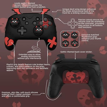 PlayVital Gothic Imp Series Cute Silicone Case for Nintendo Switch Pro Controller with 4 Thumb Grip & 2 Sticker, Non-Slip Anti-Scratch Protective Silicone Skin Cover - Black - color: Black