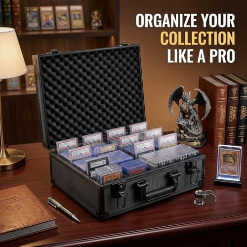 SUREMAX 600+ Trading Card Storage Box, Portable Card Case for 3" x 4" Graded Cards and Toploaders, 6 Dividers, Aluminum Alloy Hard Shell, with Handle, Dual Locks, Fits MTG PTCG YGO Sports Card