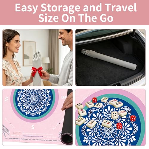 Mahjong Mat with Rules Non Slip Mat for American Mahjong Tiles | American Mahjong Mat Noise-Reducing Neoprene Mahjong Gaming Mat for Poker, Board Games, Dominoes, Dice Game,Card Games - color: Pink