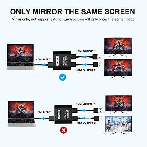 HDMI Splitter 1 in 2 Out, 4K@30Hz HDMI Splitter for Dual Monitors, Aluminum Powered HDM I Spliter for Mirror Screen,1x2 Duplicator Support 3D HD 1080P for Fire Stick Xbox PS Roku Blu-ray Cable Box