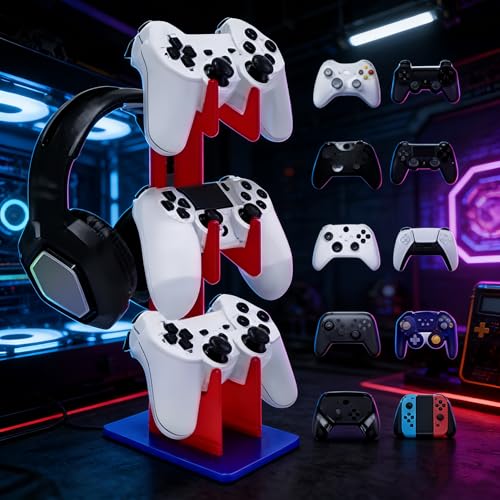 3-Tier Game Controller & Headphone Stand, Black Acrylic Storage Rack, Compatible with PS5/PS4/Xbox Series X/S/Switch Pro Controllers, Desktop Organizer for Gaming Accessories, Red - size: 3-Tiers Red