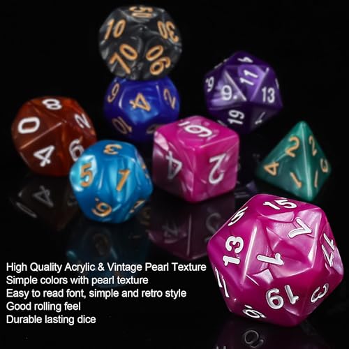QMay Polyhedral Dice Set - 7 x 7 (49 Pieces) DND Dice with 7PCS Black Drawstring Bags Great for Dungeons and Dragons, RPG, MTG,Role Playing Table Games D4 D6 D8 D10 D% D12 D20 - color: 7 Sets-49pcs