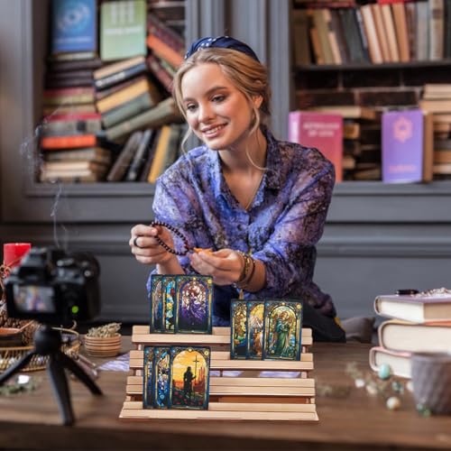 UNICRAFTALE 4-Tier Wooden Board Game Card Holder Wheat Cards Display Riser Solid Wood Card Playing Holder Stand for Bridge Canasta Strategy Games Tabletop Organizer 5.5x11x4.5 Inch - color: Wheat