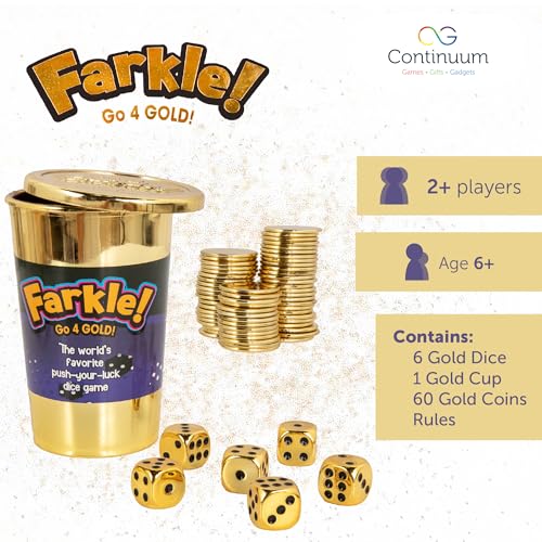 Continuum Games Farkle Go 4 Gold Dice Game, Family & Party, Push Your Luck | for 2+ Players, Ages 8+, Win Gold Coins, Dice Set & Score Sheets, Easy to Learn & Quick to Play