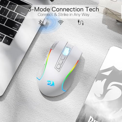 Redragon M612 Wireless RGB Optical Gaming Mouse 8000 DPI Remapping Keys | Cable-Free 0 Delay, Redefine Keybinding Macro, Vibing Backlight, Ergonomic Grip Body Comfort - color: White, style: Wireless