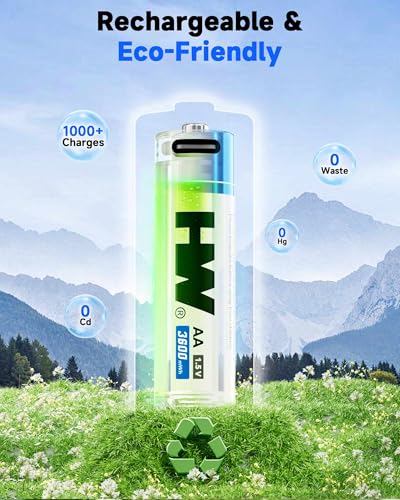 HW Double A Batteries Rechargeable 8 Pack, [1.5V, 3600mWh] AA Lithium Battery with USB-C Cable, Fast Charging, Chargeable Over 1000 Cycles，Built-in Chip Protection for Home and Office Devices - size: 8-Pack