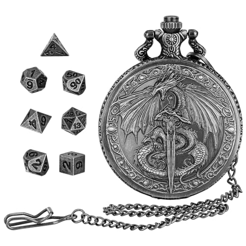 DragonSword D&D Dice Set with Pocket Watch Case, 7PCS Metal Dice Set for DND, Mini Dice with Gifts Case, Role Playing Board Games Accessories Gifts (Black) - color: Black