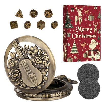 Mini DND Dice Set with Steampunk Hollow Bard Pocket Watch Shell Case, 7 PCS Metal Polyhedral D&D Dice Set, Xmas Gift with Gift Box, Role Playing Board Game Accessories, Bronze - color: Bard + Christmas Box