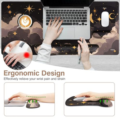 MOSISO Keyboard Mouse Pad Set, Large Gaming Mouse Pad&Keyboard Wrist Rest | Mouse Wrist Rest&Coaster, Ergonomic Non-Slip Dreamy Star Moon Mousepad with Raised Memory Foam for Home Office