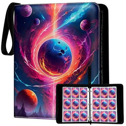 Premium Sports Card Trading Binder, Galaxy Design with Planets, Mountains & Fire, PU Leather, 900 Card Capacity, 50 Double Sided 9 Pocket Sleeves, 3 Ring Metal Binder, Zipper & Handle