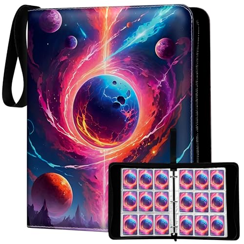 Premium Sports Card Trading Binder, Galaxy Design with Planets, Mountains & Fire, PU Leather, 900 Card Capacity, 50 Double Sided 9 Pocket Sleeves, 3 Ring Metal Binder, Zipper & Handle