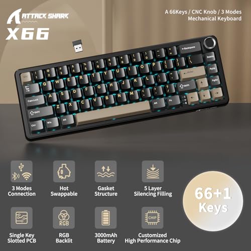 ATTACK SHARK X66 Wireless 60% RGB Mechanical Gaming Keyboard-Star Black | Volume Knob,Tri Mode-USB-C Wired/BT5.0/2.4Ghz,Gasket Mount,PBT Keycap,Hot Swappable Strawberry Switch,TKL,NKRO for PC Win Mac - color: Star Black
