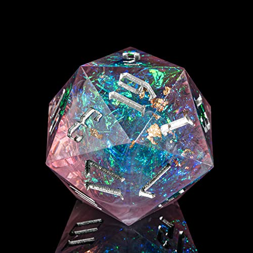 Cusdie Single D20 DND Dice with Sharp Edges and Glitter Foil Inclusions, 20 Sided D&D Dice, 33mm Handcrafted Polyhedral Dice, for Role Playing Game (Purple/Silver Font) - color: Purple