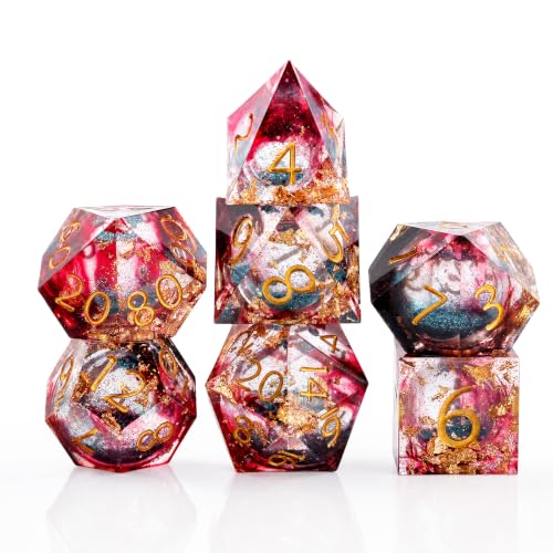 Haxtec Blood DND Dice Set – Sharp Edge Resin Polyhedral Dice with Blue Liquid Core, Handmade 7PCS Set with Metal Case, Great Gift for Dungeons and Dragons, D&D, TTRPG, RPG - color: Blood & Blue Black