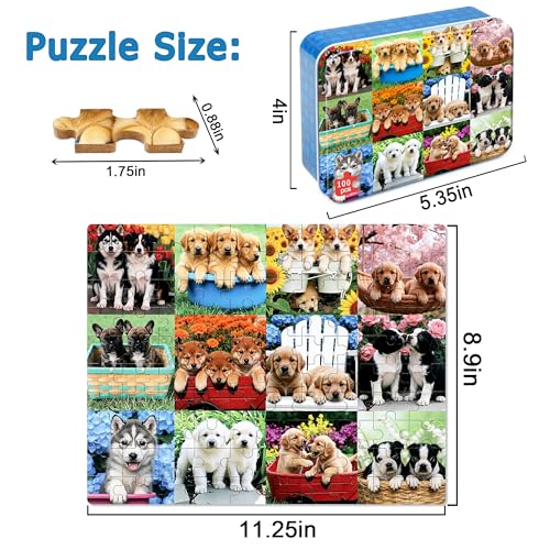 LELEMON Puzzles for Kids Ages 4-6,Cute Dogs 100 Piece Puzzles for Kids Ages 6-8 in a Metal Box,Educational Jigsaw Puzzles,Childrens 100 Piece Puzzle Games Puzzle Toys for Girls and Boys - color: Cute Dogs