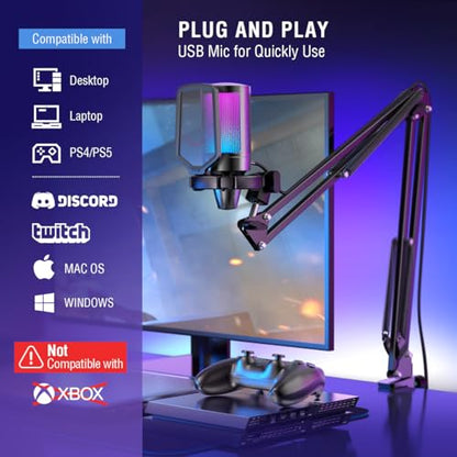 FIFINE Podcast Condenser Mic Kit and 3.5mm/6.35mm Wired Headphones, RGB Computer Mic for PS4/5 PC Gamer Youtuber, Streaming Monitoring Black Headphones with Detachable Cables, on PC/Mixer (A6T+H8)