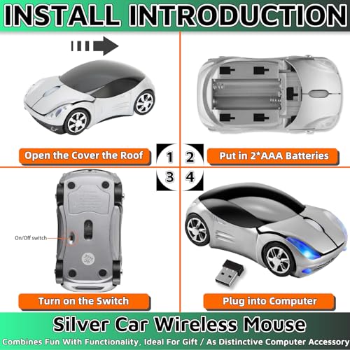 Silver Car Mouse，Computer Mice 2.4G 1600DPI with USB Reciver for Computer Wireless Computer Mouse Wireless Cute Wireless Mouse for Laptop Tablet for Windows Mac OS（Silver） - color: SILVER