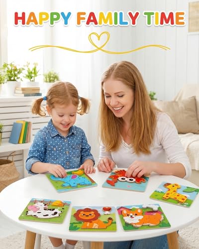 Wooden Puzzles for Toddlers 1-3, 6pcs Animal Jigsaw Puzzles for Toddlers, Montessori Educational Learning Toys for Kids Ages 1-4,Gifts for Boys Girls