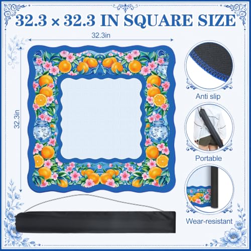 Junkin Blue Citrus Chinoiserie Mahjong Mat 32.3 x 32.3 Inch Upgraded Diatomite Mahjong Table Mat with Carry Bag Scalloped Edge Gift for Women Mom Grandma for Card Board Tile Games - style: Blue Citrus