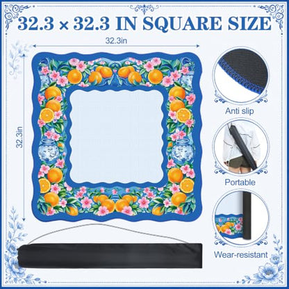 Junkin Blue Citrus Chinoiserie Mahjong Mat 32.3 x 32.3 Inch Upgraded Diatomite Mahjong Table Mat with Carry Bag Scalloped Edge Gift for Women Mom Grandma for Card Board Tile Games - style: Blue Citrus