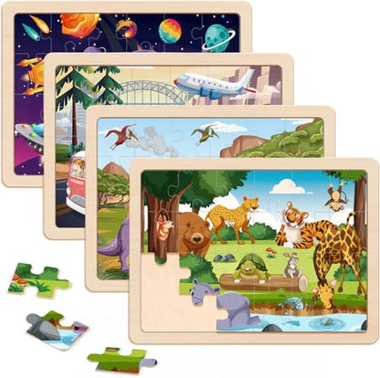 Puzzles for Kids Ages 4-6, 4 Packs 24 Piece Wooden Jigsaw Puzzle for Toddlers 3-5, Preschool Educational Toys Gifts for Boys and Girls - color: Dinosaurs Space