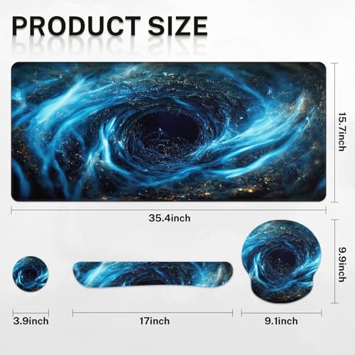 Britimes Blue Black Galaxy Keyboard Mouse Pad Set Desk Ma Space Abstract 4in1 Large Mousepad+Keyboard Wrist Rest+Mouse Wrist Rest+Coaster Ergonomic Design for Home Office Computer 35.4x15.7 inches - color: Blue Black Gold Galaxy