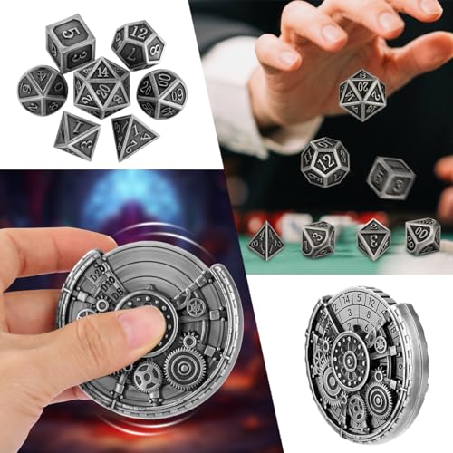 Gear Fingertip Gyro + 7pcs Polyhedral Metal DND Dice Set, Metal Dice Spinner Set, DND Starter Set, Christmas D&D Gifts with Gift Box, Tabletop Games, Role Playing Board Game Accessories, Silver - color: Silver