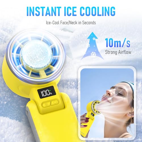 PlayHot Portable Handheld Cooling Fan, Travel Essentials, Gifts for Women | Instant Cooling, 10m/s Airflow, 5-Speed, 10H Max, USB-C Rechargeable, LED Display, 3-in-1 Foldable for Cruise, Beach Vacation - color: Yellow