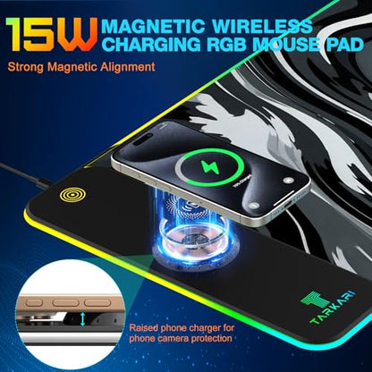 TARKARI Magnetic Wireless Charging RGB Mouse Pad, Large Gaming Desk Mat Waterproof, 31.5"x11.8" Black Mousepad, Ultra-Smooth Surface, Non-Slip Rubber Base, Desk Pad for Keyboard Laptop - color: Ink-Splash Pattern