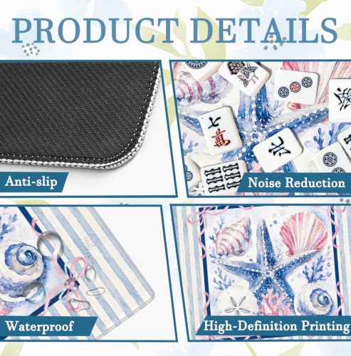 Coquette Pink Bow Coastal Beach Mahjong Mat 31.5x31.5 Inch | Preppy Starfish Seashell Blue Striped Non-Slip Noise Reduction Mah Jong Table Mat Cover Gifts for Mahjong Lovers Dominoes - color: Brogan Starfish