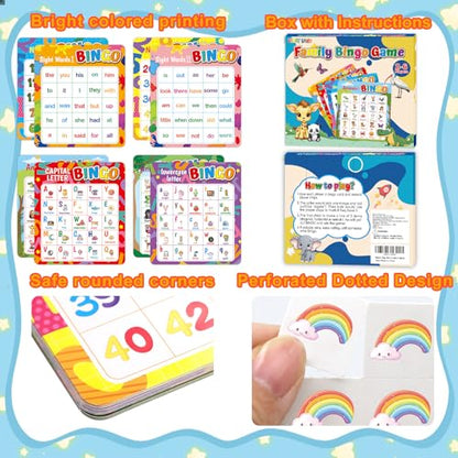 Fancy Land ABC & 123 Bingo Game for Kids 4 in 1 Educational Bingo Cards Set | Sight Words Animals Alphabet Numbers Board Game for Kindergarten Preschool Ages 4-8 Counting and Matching Skills Development