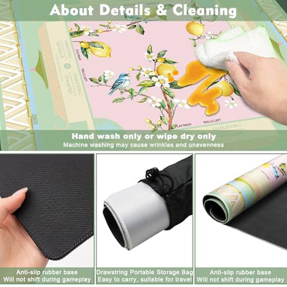 Lemon Mahjong Mat with Rules for Table-31.5''x31.5''Floral Bird American Mahjong Mat Anti-Slip Neoprene Rubber Noise Reducing,Foldable Travel Game Tablecloth for Poker Card Board Games Dominoes - color: Cyan-blue Lemon