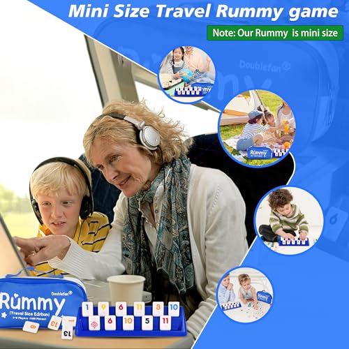 Doublefan Mini Rummy Cube Game, Mini Size Rummy Set with Portable Canvas Bag, Small Travel Board Game for Adult and Kids,160 Tiles, 6 Playing Rack, 1 Dice (2-6 Players) - style: Mini Size (2-6 Player)