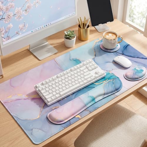 Large Mouse Pad with Wrist Rest, 4-in-1 Wrist Rest for Keyboard and Mouse | Non-Slip Waterproof Desk Mat Set, 35.4"x15.7" Desk Mat+Keyboard Wrist Rest+Mouse Wrist Support+Cup Coaster for Home Office - color: Green Marble-35.4''x15.7''