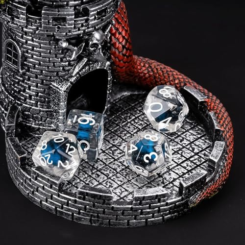 Castle DND Dice Tower Grey D&D Dice Rolling Tower for RPG Board Game | Snake Design, Resin, Dice Roller with Tray, Dungeons and Dragon DM Gift, DND Accessories, for Role Playing Game Tabletop Game - color: Silver