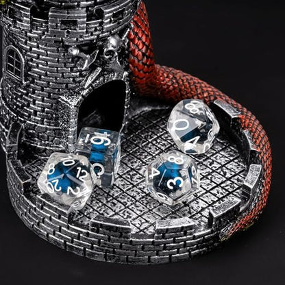 Castle DND Dice Tower Grey D&D Dice Rolling Tower for RPG Board Game | Snake Design, Resin, Dice Roller with Tray, Dungeons and Dragon DM Gift, DND Accessories, for Role Playing Game Tabletop Game - color: Silver