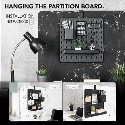 EHO Clamp-On Desk Pegboard, 13.5 x 14 inch Privacy Divider, Desk Partition Panel, No-Drill Desk Mounted Organizer, Combination Peg Board for Office, Gaming, Home, Plants, Black