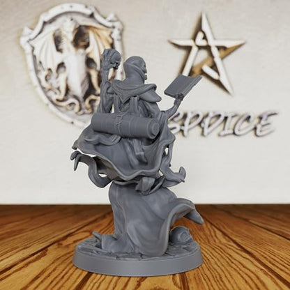 AUSPDICE Unpainted Lich Mini, DND Miniatures for Tabletop RPG-AS217 | Undead Spellcaster with Open Spellbook, Skull Relic and Flowing Robes for Fantasy Gaming, Dungeon Masters and RPG Accessories