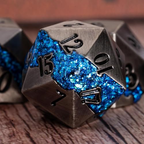 Metal DND Dice Set, 7PCS Polyhedral Metal Dice with Galaxy Glitter Inlay, Heavy RPG Dice Set for Dungeons and Dragons, Pathfinder Tabletop Games - color: Ancient Nickel Brilliant Blue
