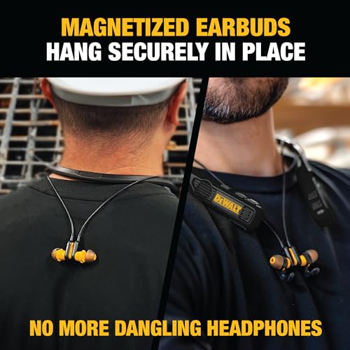 DEWALT 헤비 듀티 블랙 에디션 2-in-1 넥밴드 블루투스 헤드폰 | 내장 스피커, Jobsite 웨어러블 스피커 및 목 주변, 무선 헤드셋, 60시간 이상 핸즈프리 음악 및 통화, 휴대용 파우치 포함 - color: 블랙.