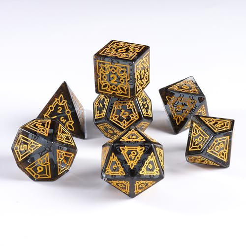 Premium Obsidian DND Dice Set with Celtic Knot Engravings – 7 Piece Polyhedral Gemstone Dice for Dungeons and Dragons, RPG, Tabletop Games – Black with Gold Numbers(Glass, Grey) - color: Grey
