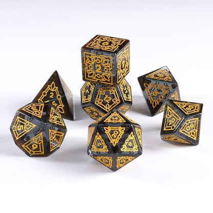 Premium Obsidian DND Dice Set with Celtic Knot Engravings – 7 Piece Polyhedral Gemstone Dice for Dungeons and Dragons, RPG, Tabletop Games – Black with Gold Numbers(Glass, Grey) - color: Grey